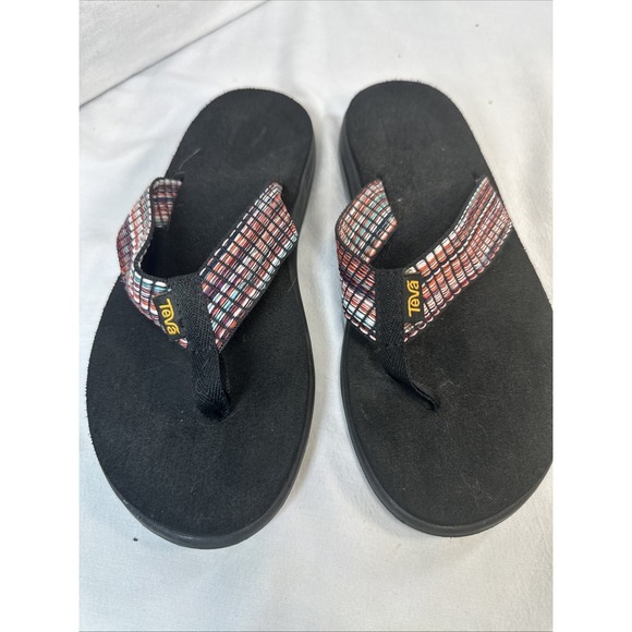 Teva Shoes - Teva Olowahu Womens Size 8 Black Multi Color Striped Mush Sole Flip Flop Sandals